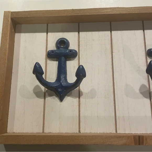 Nautical Themed Anchor Hook Wall Decor Blue Metal Anchors Wood Frame - Picture 8 of 8